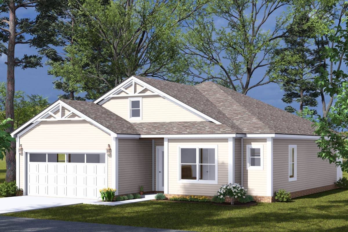 House plan exterior: Single-story home with attached garage, prominent gable with decorative trim, and front entryway.