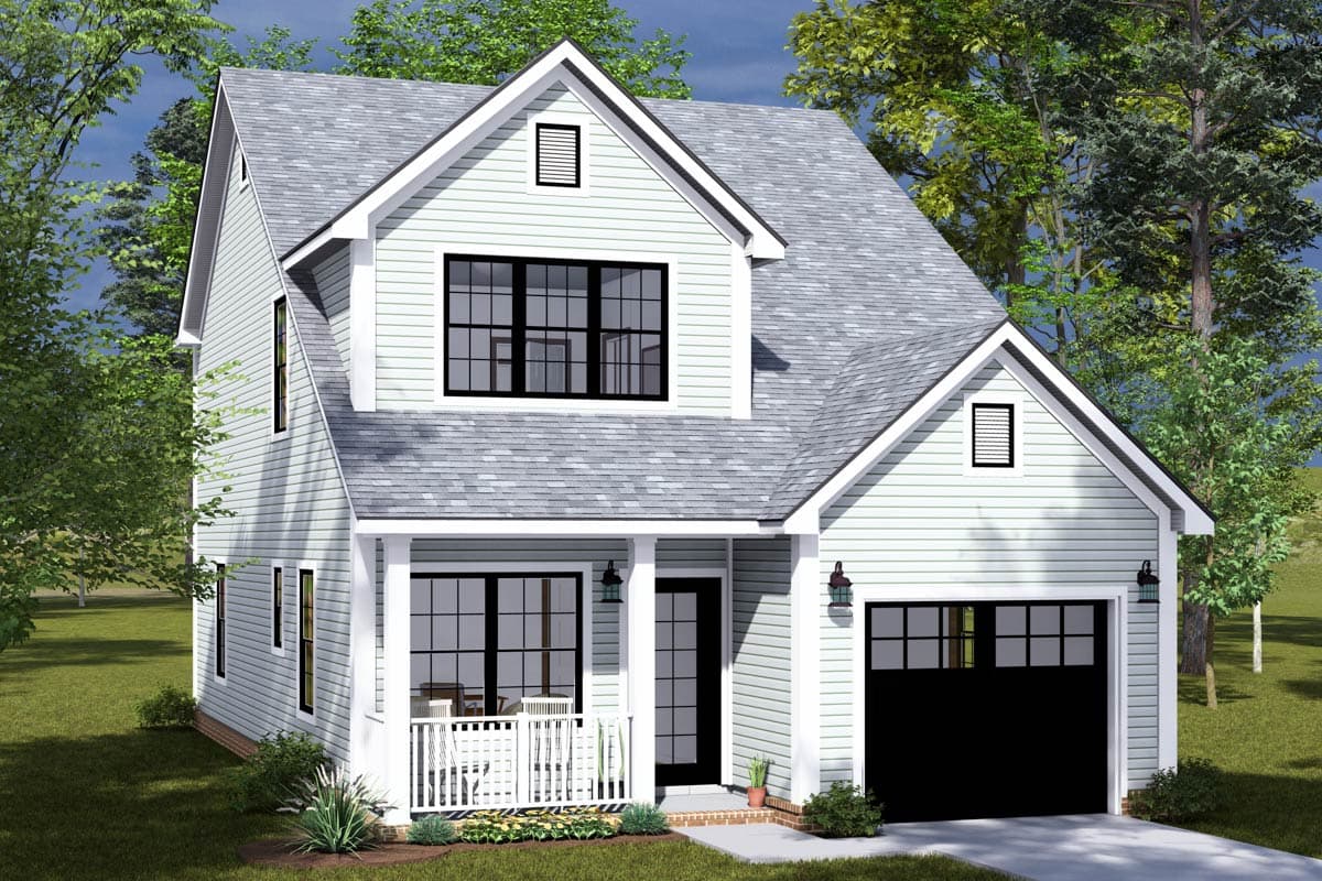 House plan exterior featuring a two-story Craftsman style home with gables, a covered porch, and a garage.
