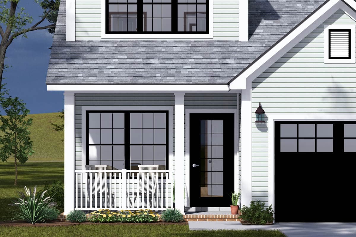 House plan exterior shows a two-story home with a covered porch, a gabled dormer, and a black garage door.