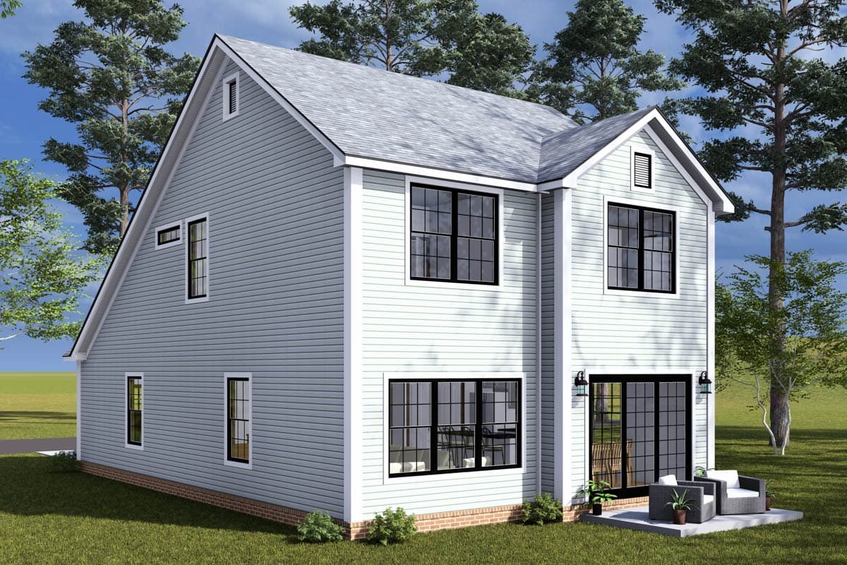 Two-story house plan exterior with a gabled roof, vinyl siding, multiple windows, and glass doors leading to a patio.
