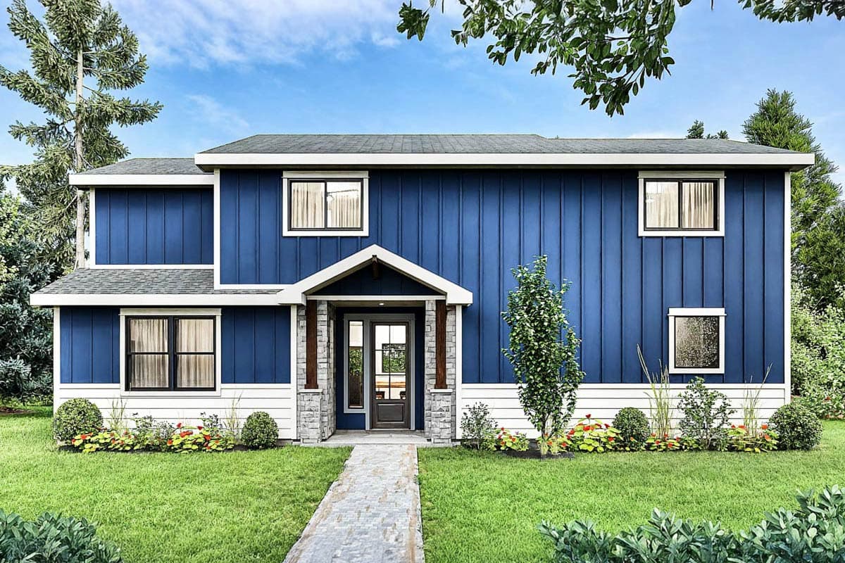 House plan exterior. Two-story home with a gabled roof, vertical siding, and a covered porch supported by stone columns.