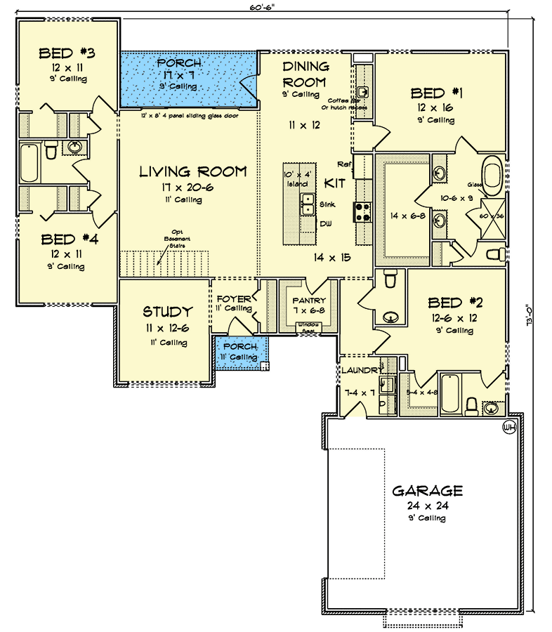 Plan 52416WM: 4-Bed Traditional House Plan with Dedicated Library or Study Space - 2284 Sq Ft - Floor Plan - Main Level - Ranch, Traditional