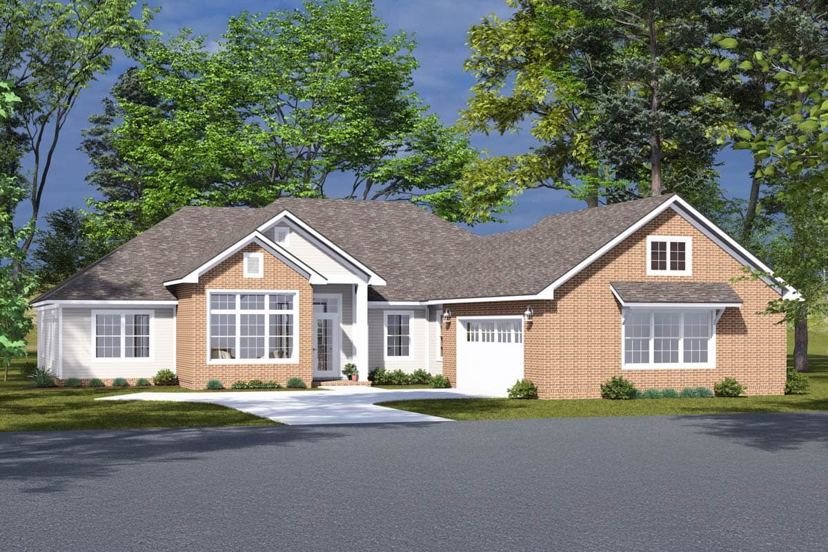 House plan exterior. Ranch style with brick facade, gable roof, and attached garage. Includes a window dormer and multiple window styles.