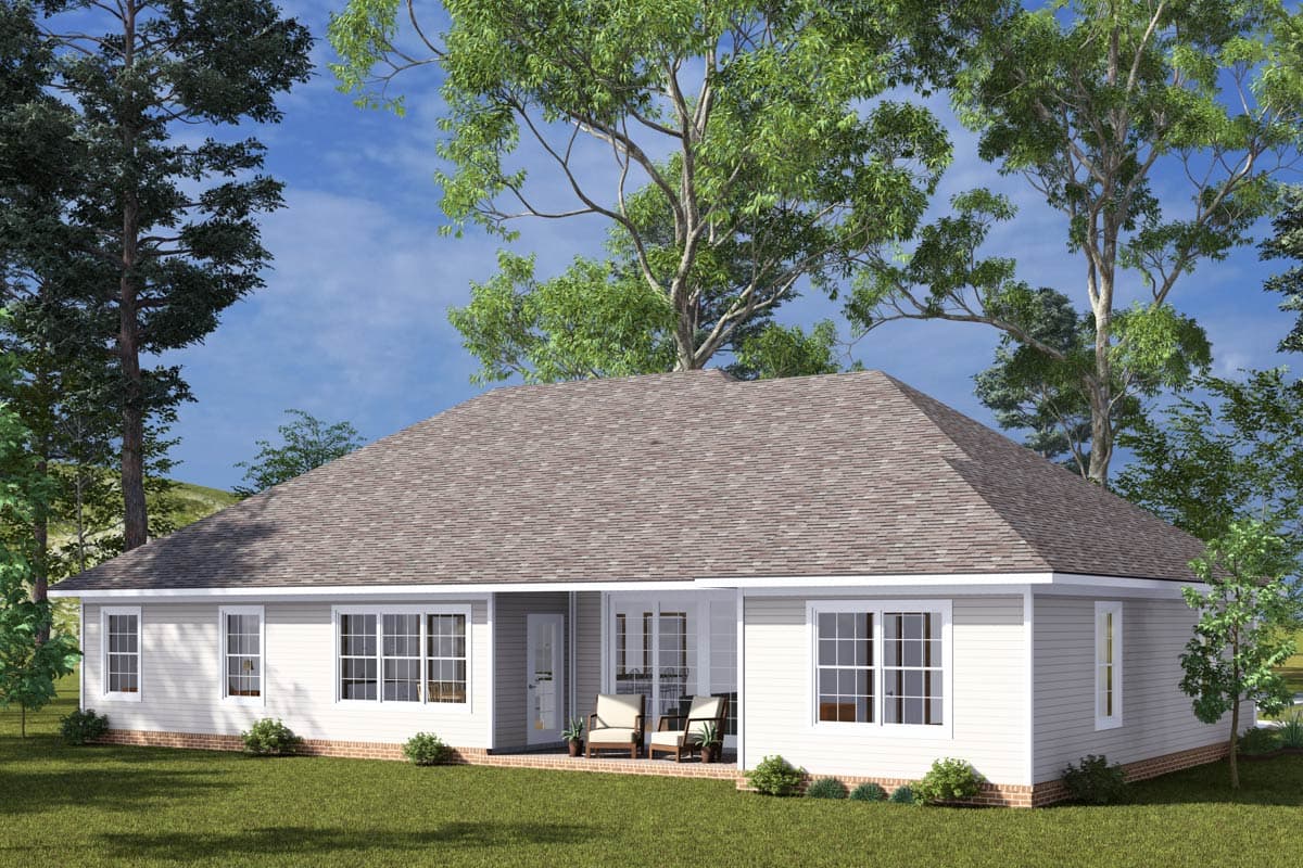 House plan exterior of a single-story home with a hip roof, white siding, multiple windows, and a small covered patio.