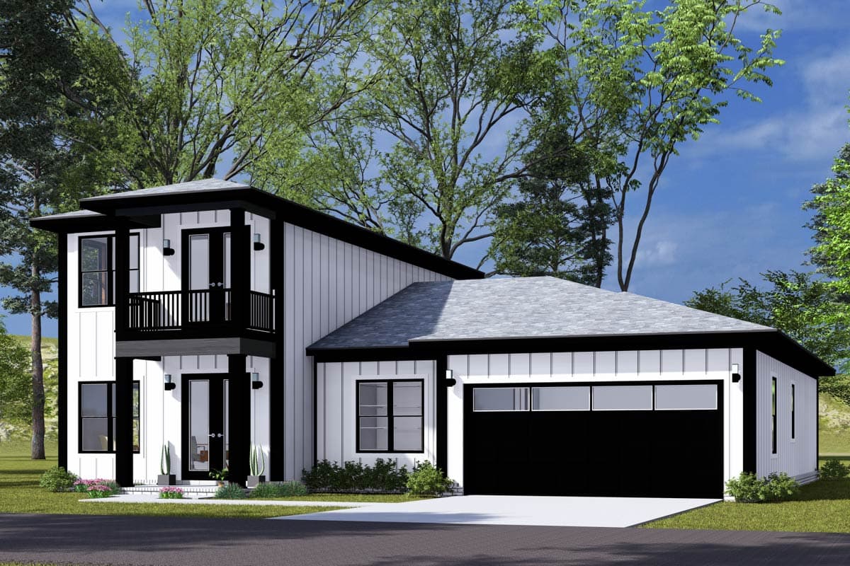House plan exterior: Two-story modern design with vertical siding, balcony, and attached two-car garage with modern garage door.