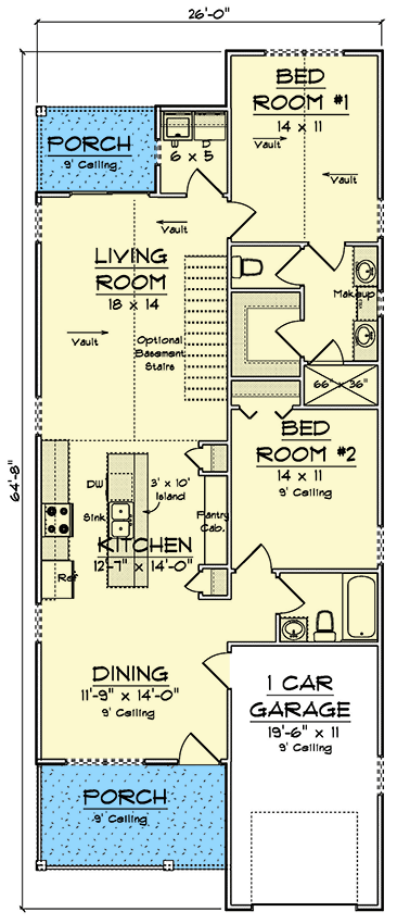 Plan 52418WM: 2-Bed Narrow House Plan with With Vaulted Living Space Under 1200 Sq Ft - Floor Plan - Main Level - Ranch, Traditional