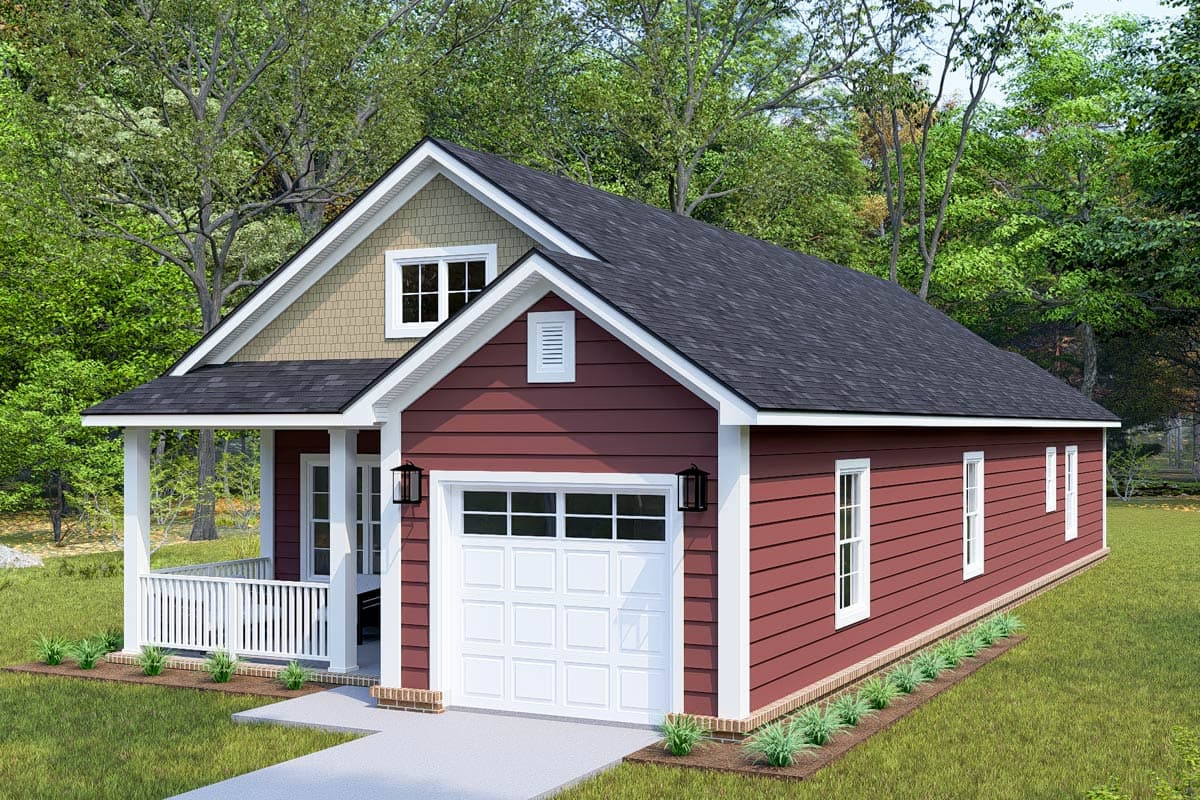 House plan exterior featuring a single-story design, front-facing garage, gabled roof, and covered porch with railing.
