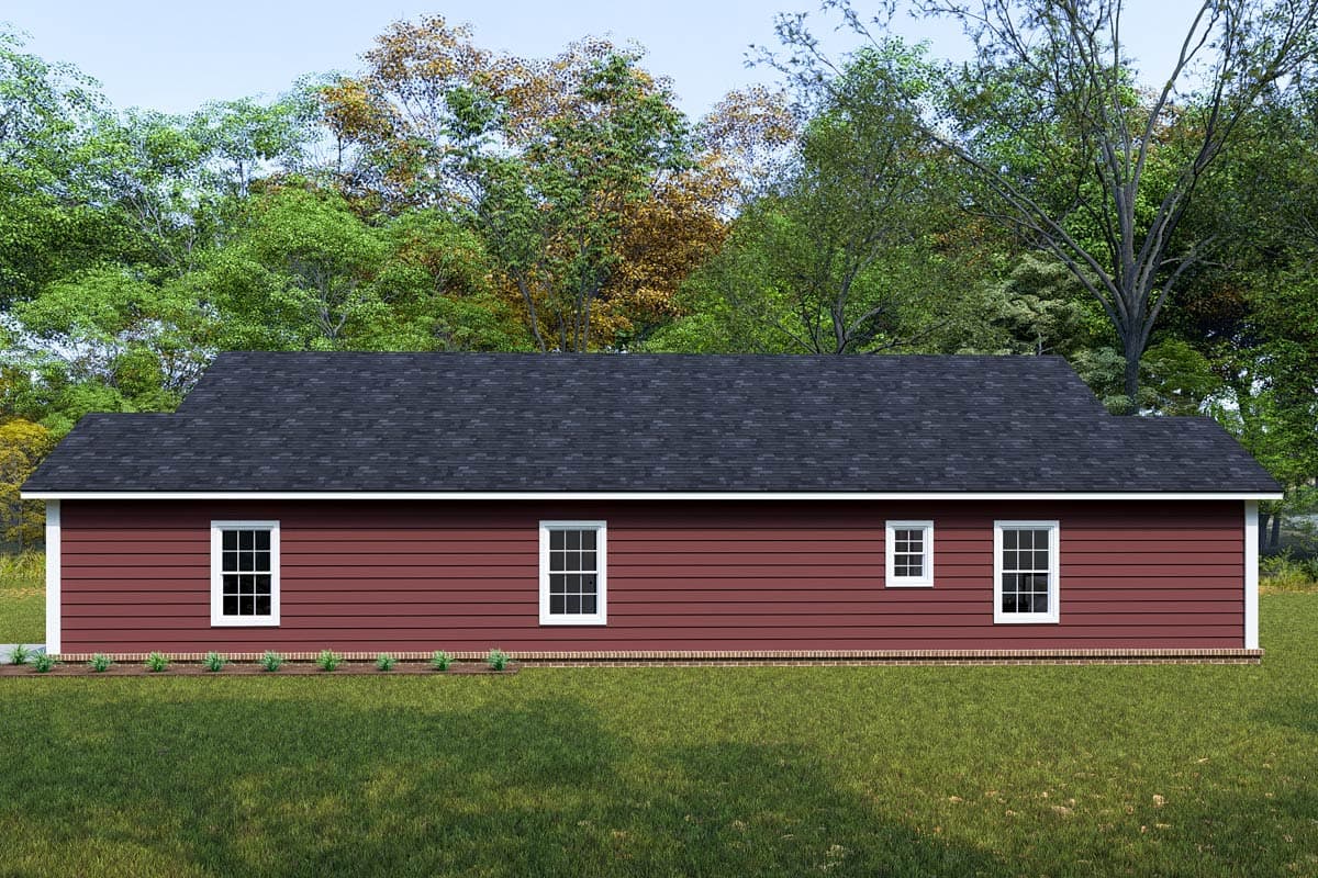 House plan exterior, single-story ranch, with vinyl siding, asphalt roof, and white-trimmed windows.