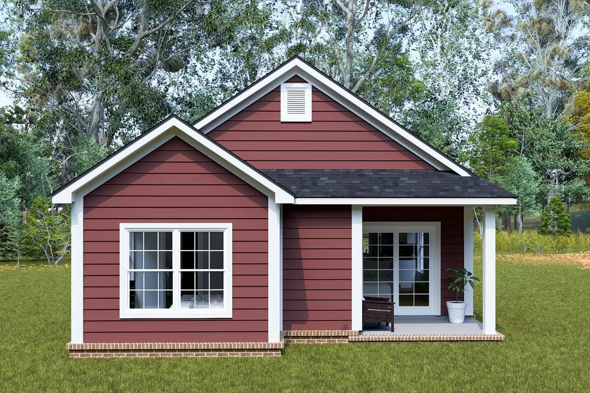House plan exterior: One-story ranch with red siding, gabled roof, front porch, and white-trimmed windows.