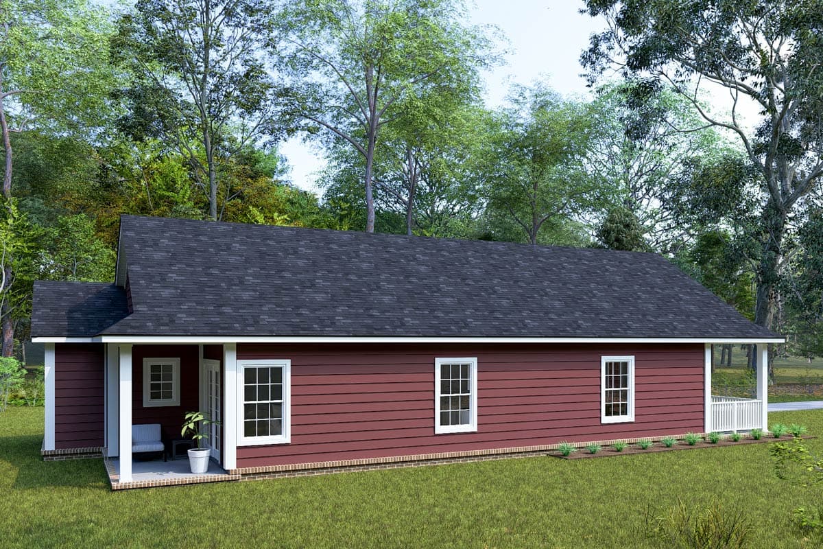 House plan exterior of a one-story Ranch-style home with a prominent gable roof, covered front porch, and white-trimmed windows.