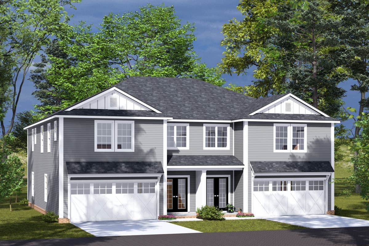 House plan exterior. Two-story, featuring a gable roof, two-car garage, and double front entry doors.