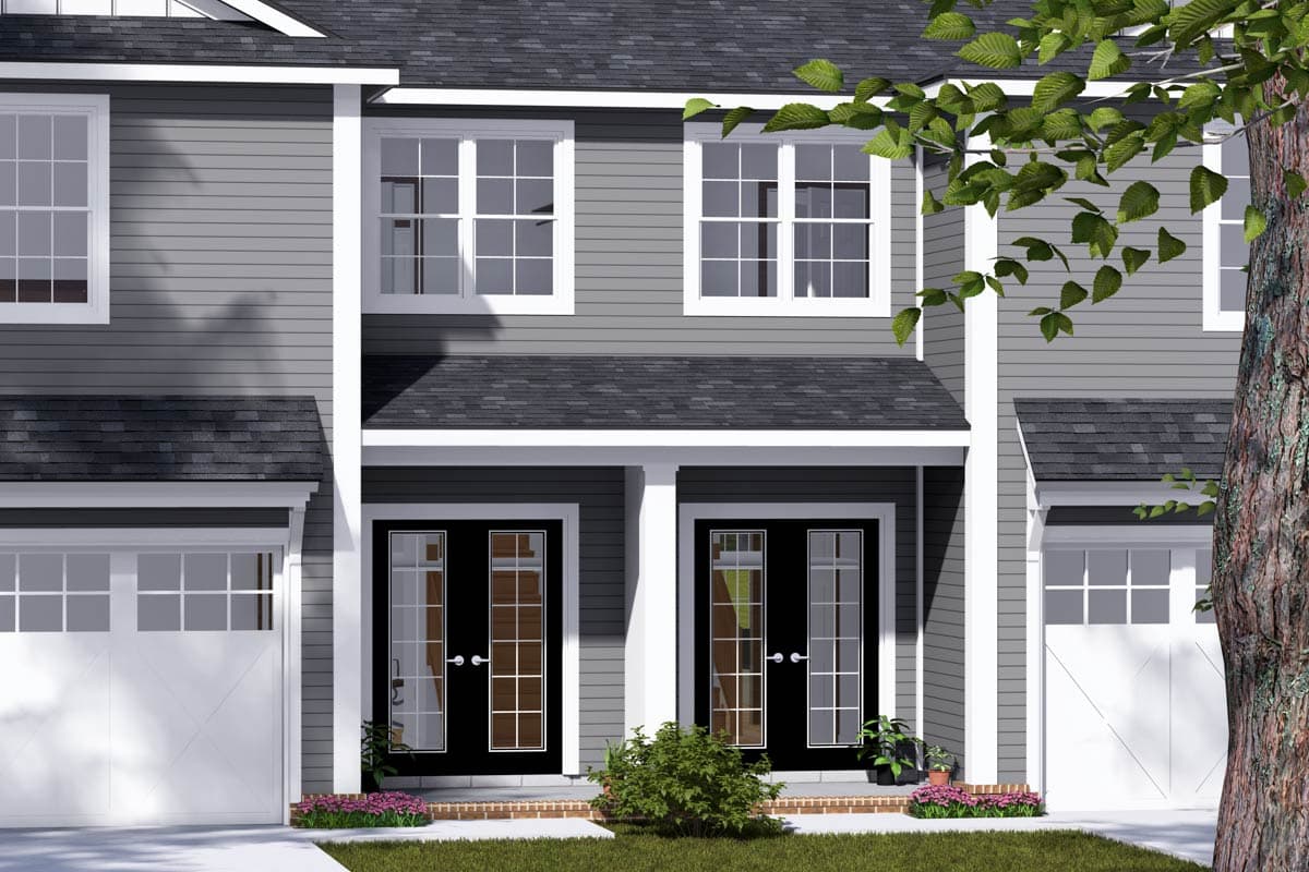 House plan exterior with two stories, gray siding, double front doors, and two garage doors.