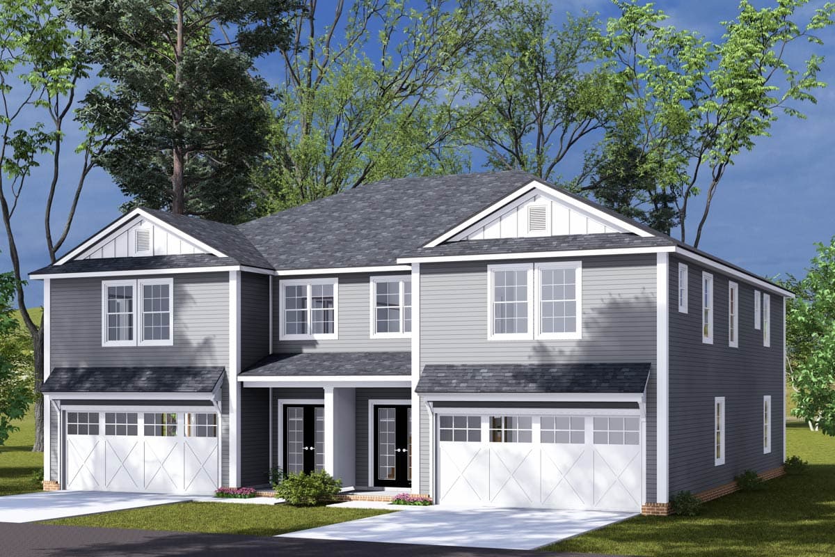 House plan exterior: two-story dwelling with attached garages, gabled dormers, and a covered entry with double doors.