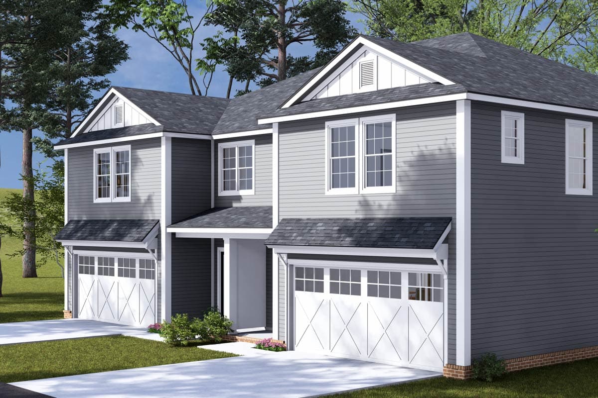 House plan exterior: two-story Modern Farmhouse with two garages, gable dormers, and decorative garage doors.