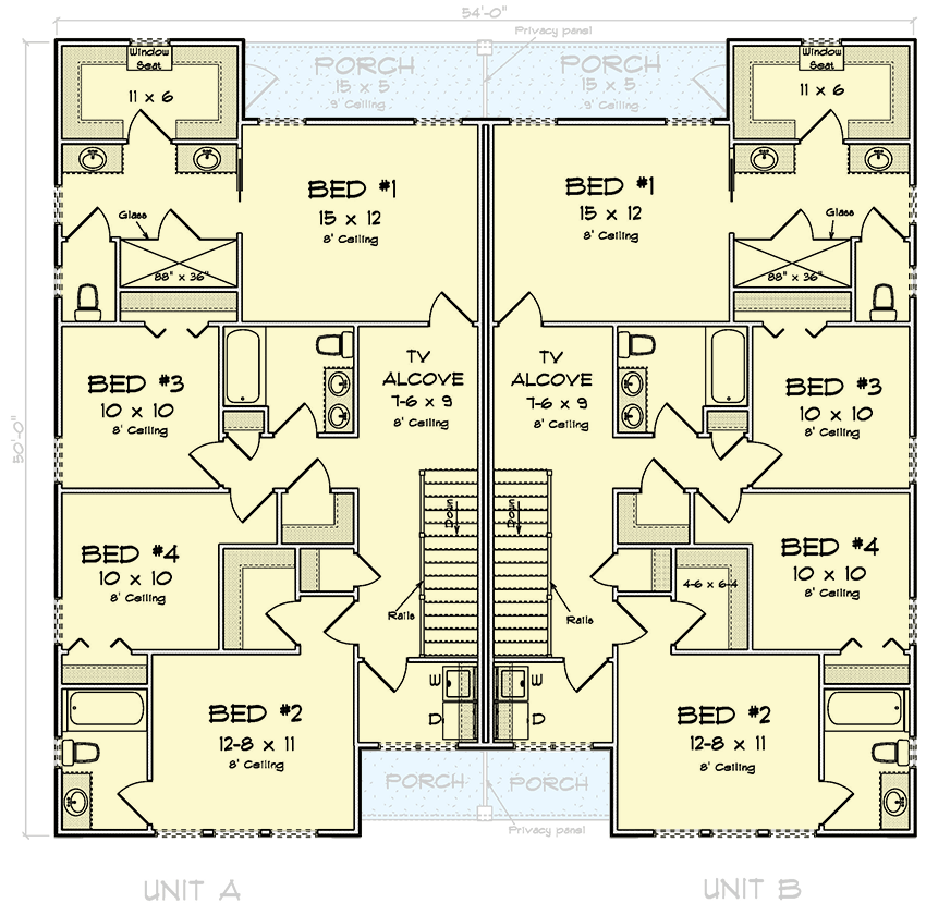 Plan 52420WM: Two-Story Contemporary Duplex House Plan Under 2100 Sq Ft Per Unit - Floor Plan - Main Level - Contemporary
