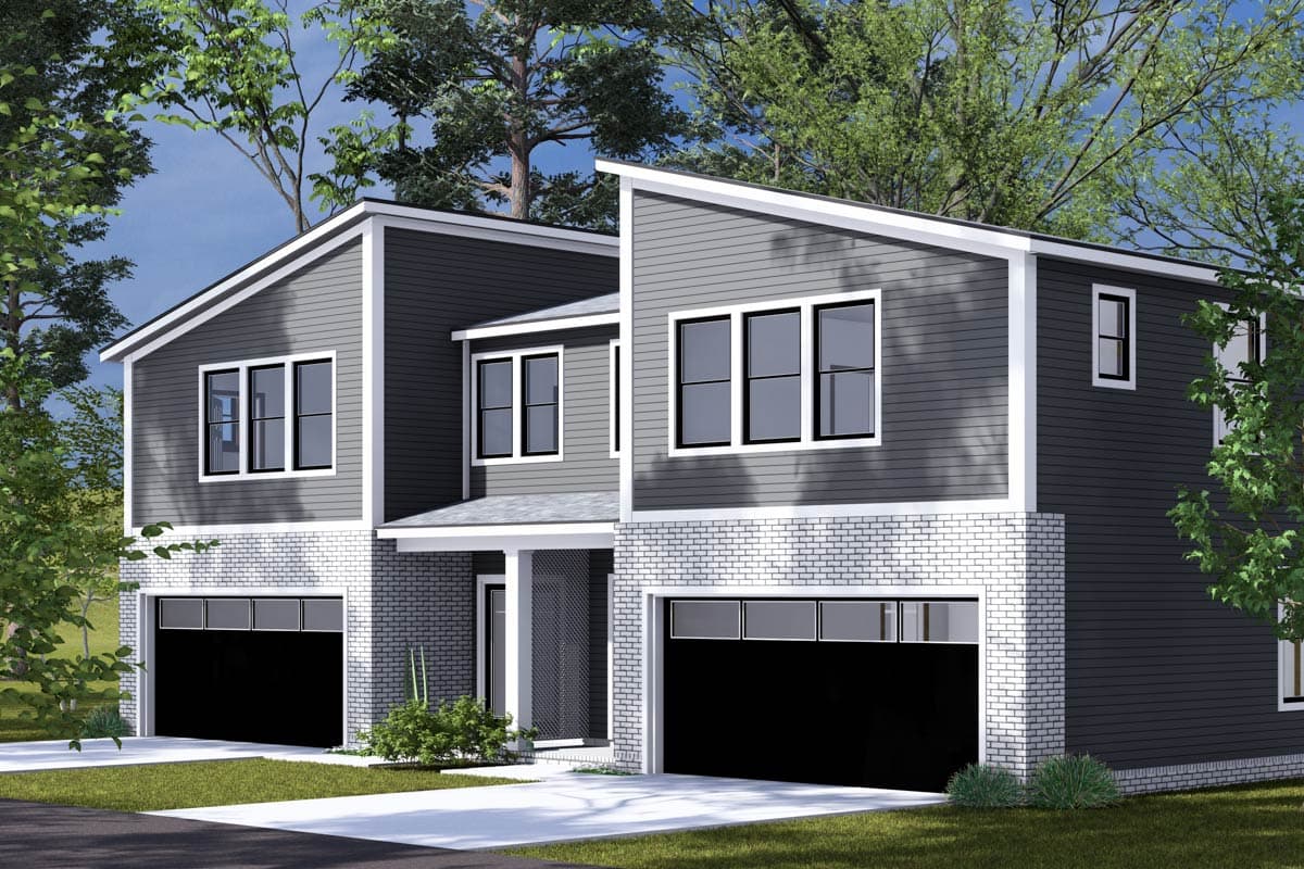 Modern house plan exterior, two stories, featuring gabled rooflines, white brick base, and dark grey siding.