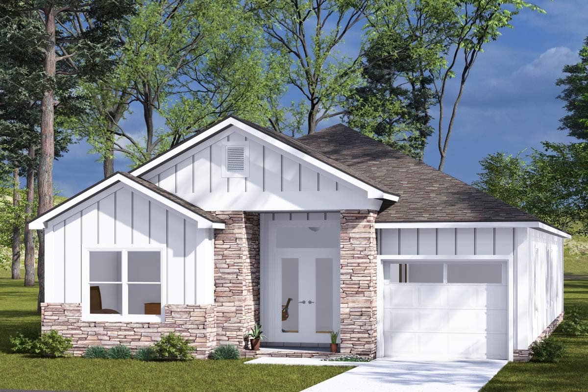 House plan exterior. One-story Modern Farmhouse with gables, stone accents, board-and-batten siding, and an attached garage.