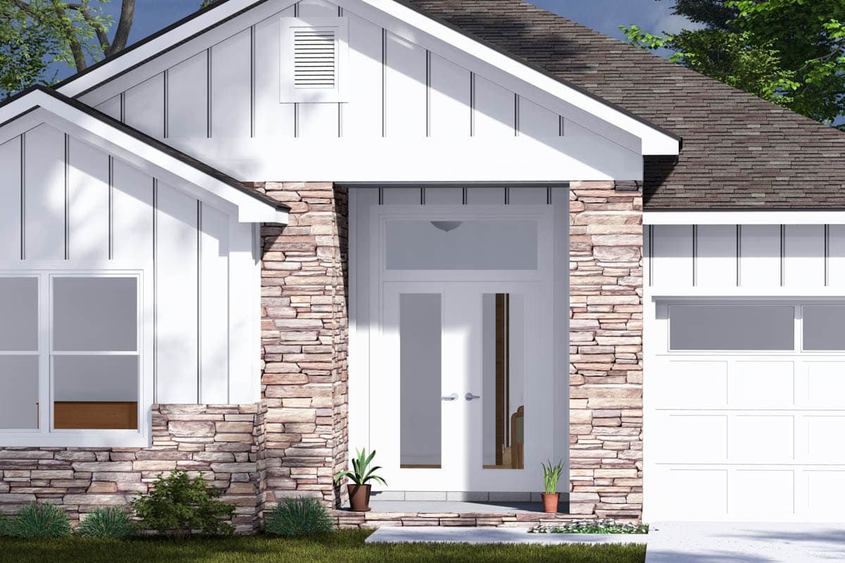 Modern Farmhouse house plan exterior with stone accents, board and batten siding, double entry doors, and a garage.