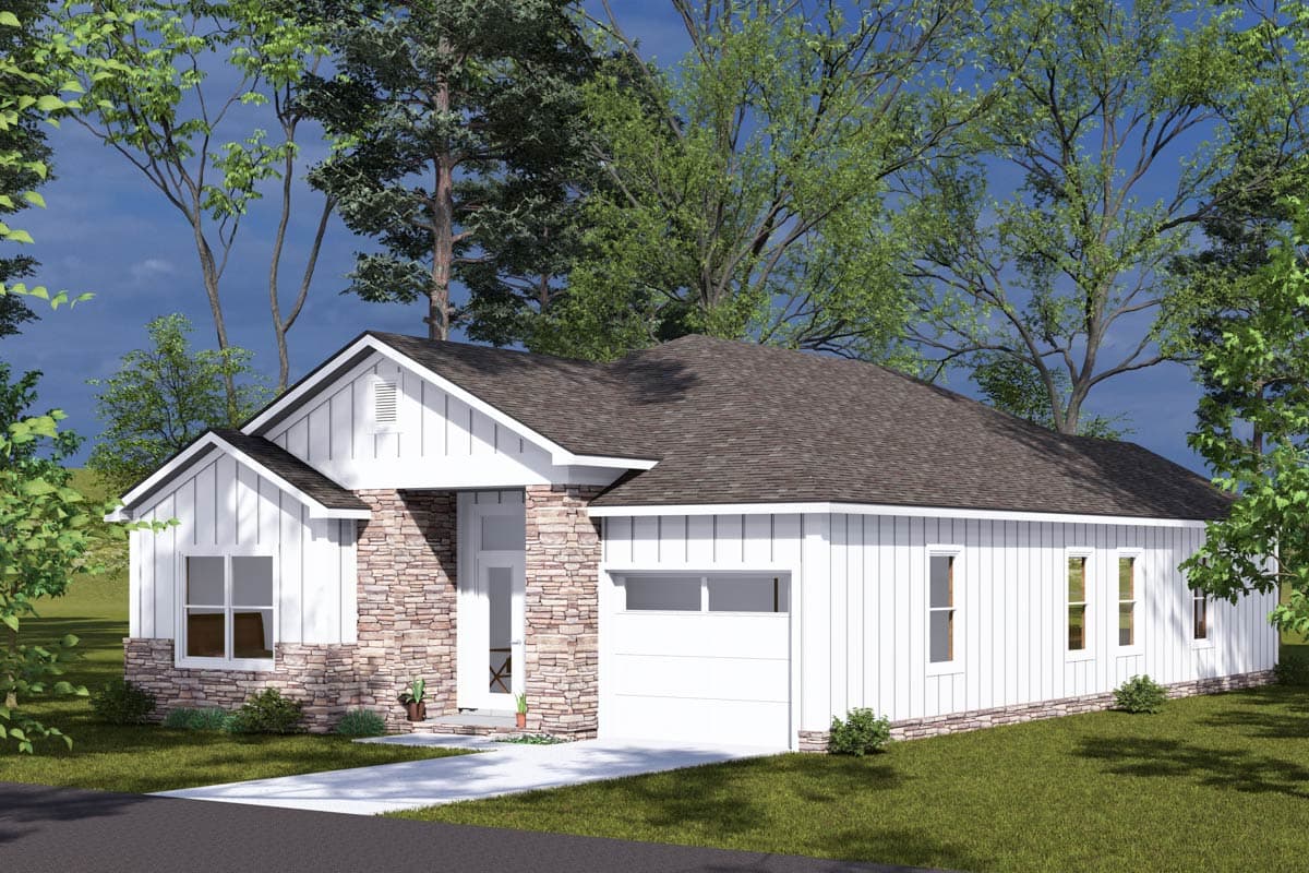 House plan exterior with Modern Farmhouse style, one story, stone accent, gabled roof, and attached garage.
