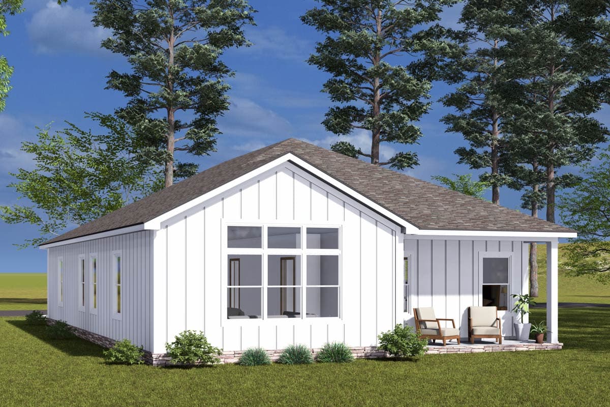 House plan exterior: Modern Farmhouse, one story, white vertical siding, large multi-pane window, covered porch with seating.