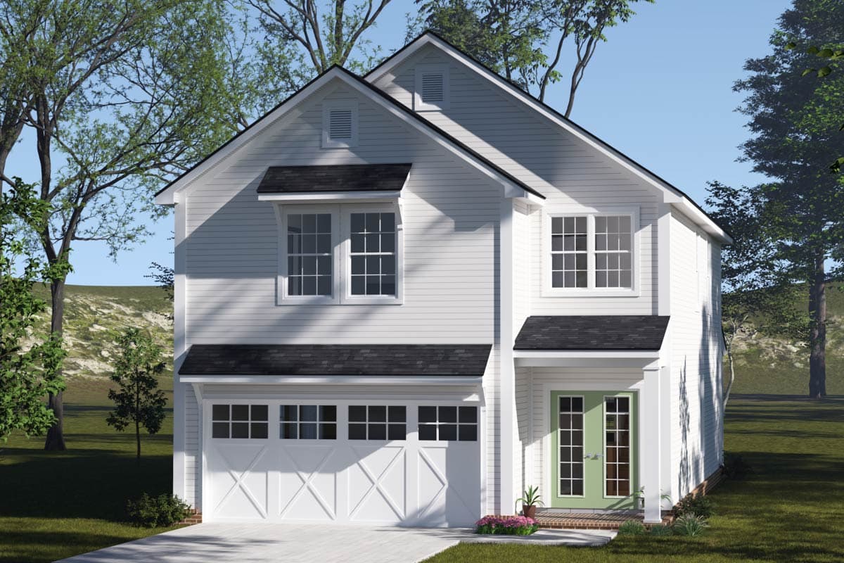 Two-story house plan exterior with gabled roof, dormers, and attached garage. Includes a covered front porch and multi-pane windows.
