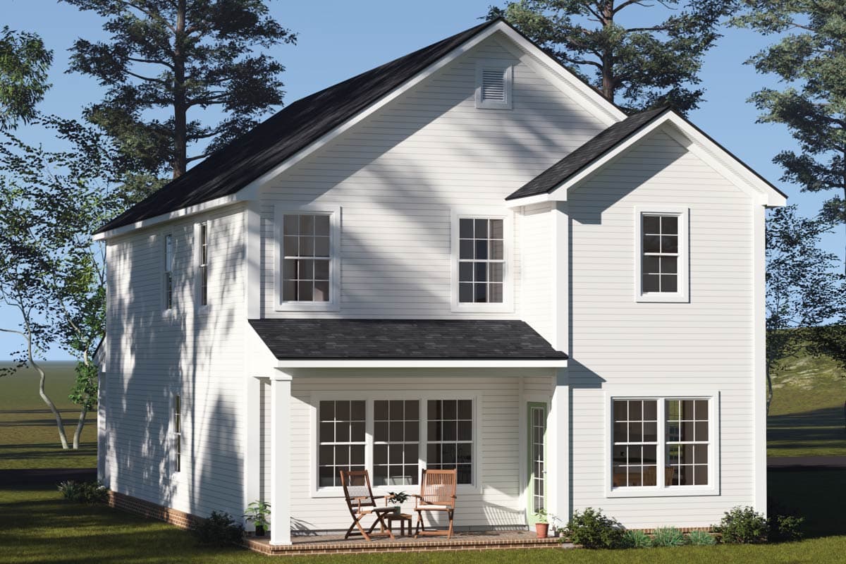 House plan exterior: two-story Modern Farmhouse with gabled roof, front porch, and multiple window arrangements.