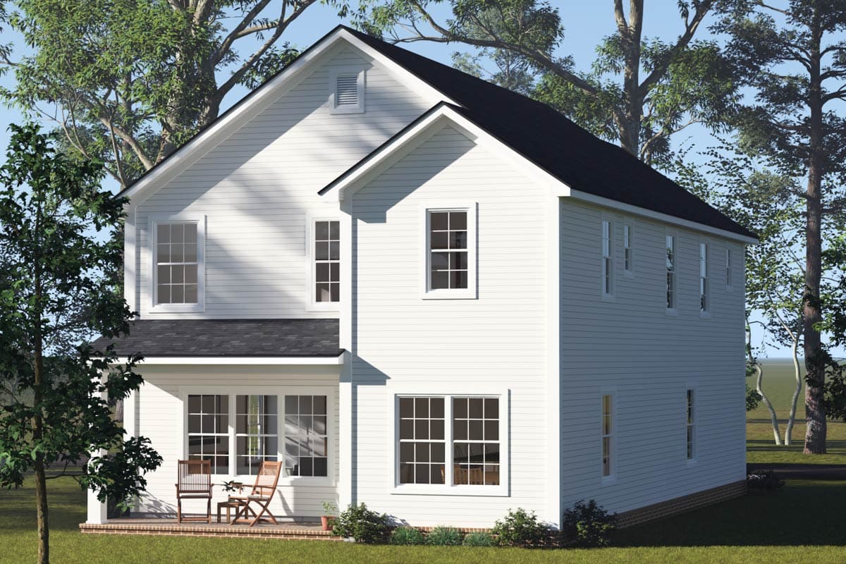 Two-story house plan exterior with a gabled roof, covered porch, and numerous double-hung windows.