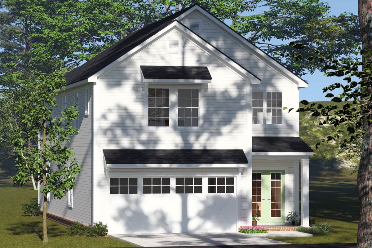 House plan exterior: Two-story home with a gable, front-facing garage door, covered entry, and multiple windows.
