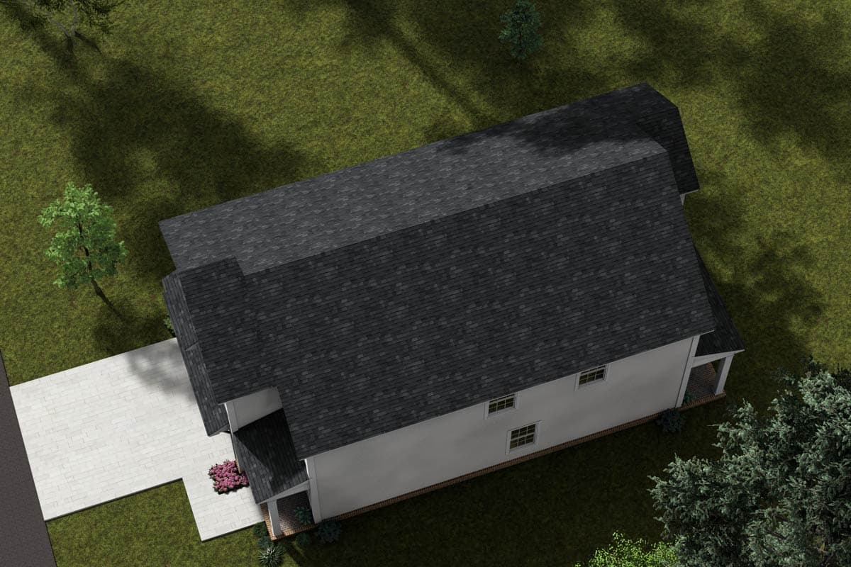House plan exterior view of a two-story home with a gray asphalt shingle roof, white siding, and a paved driveway.