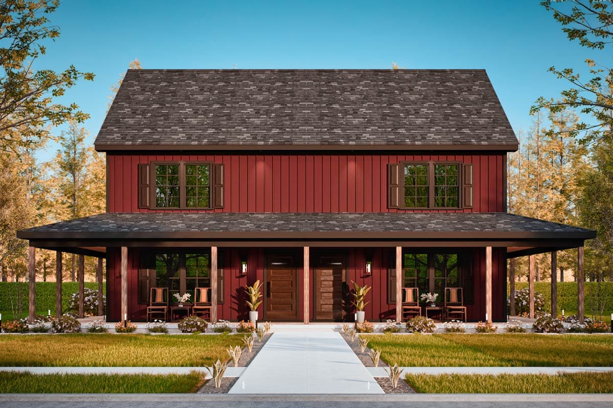 House plan exterior of a two-story home with board and batten siding, a full-width porch, and two front doors.