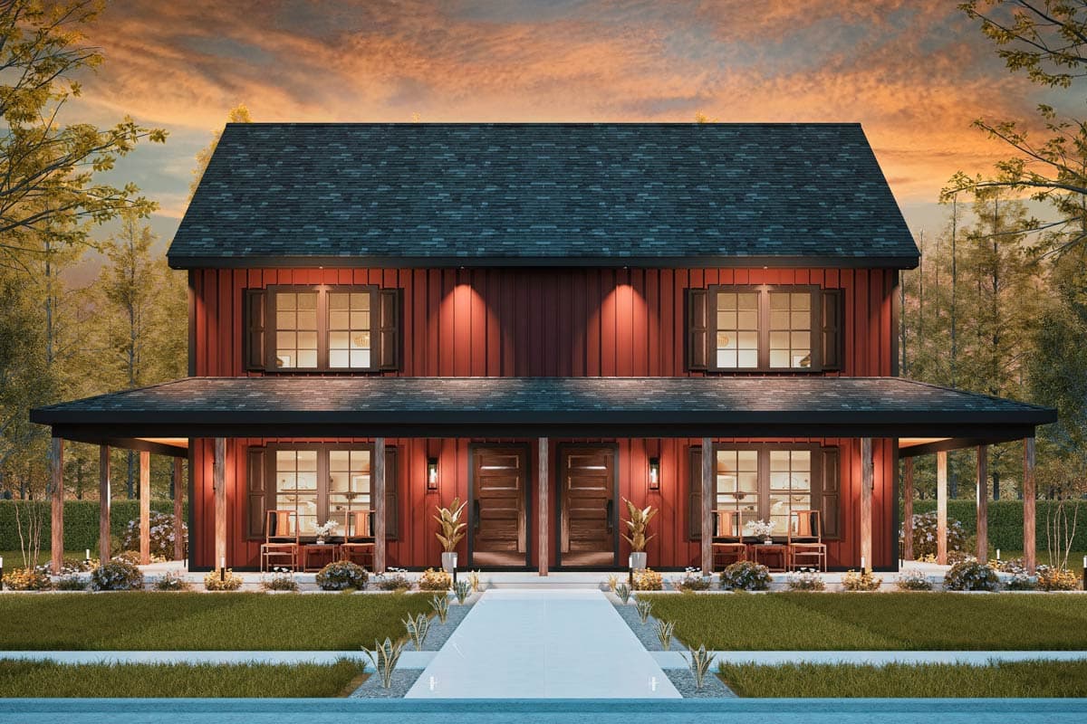 House plan exterior: two-story Modern Farmhouse with full-width porch, board-and-batten siding, and dual gables.