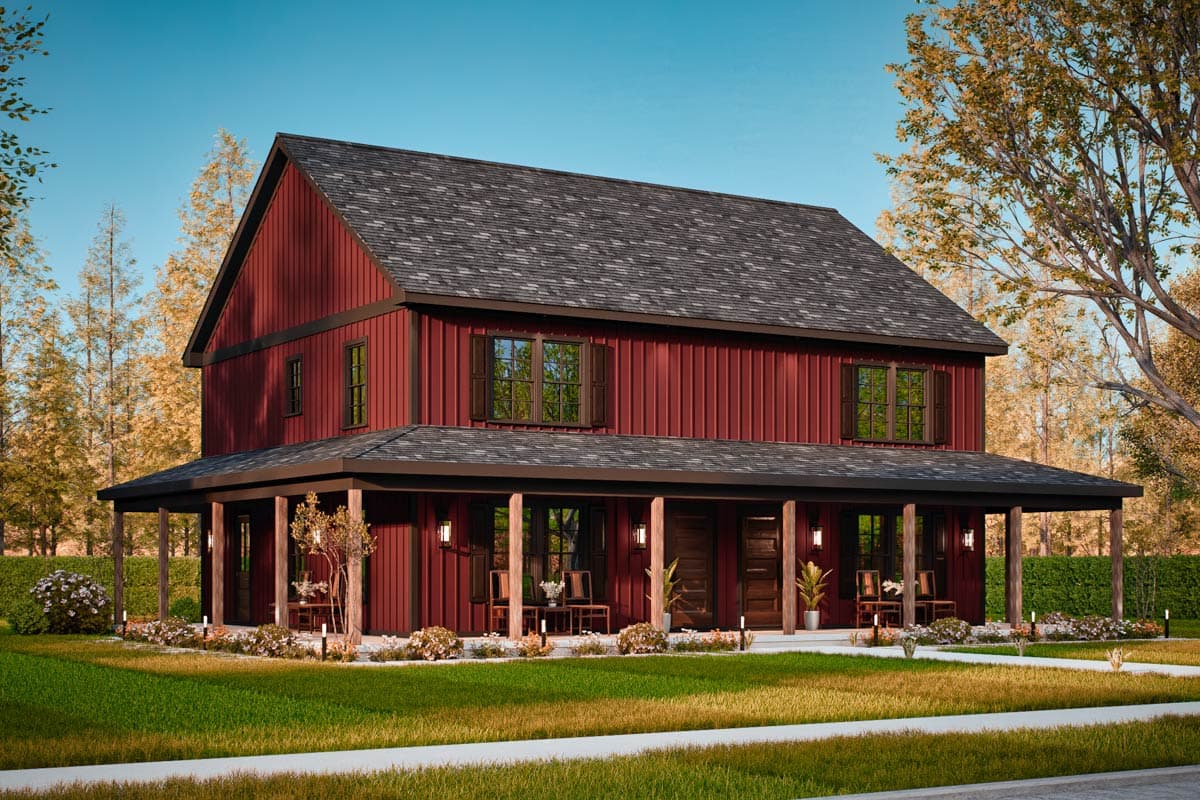 Two-story farmhouse exterior with wraparound porch, gabled roof, and vertical siding. Features include multiple windows and exposed porch supports.