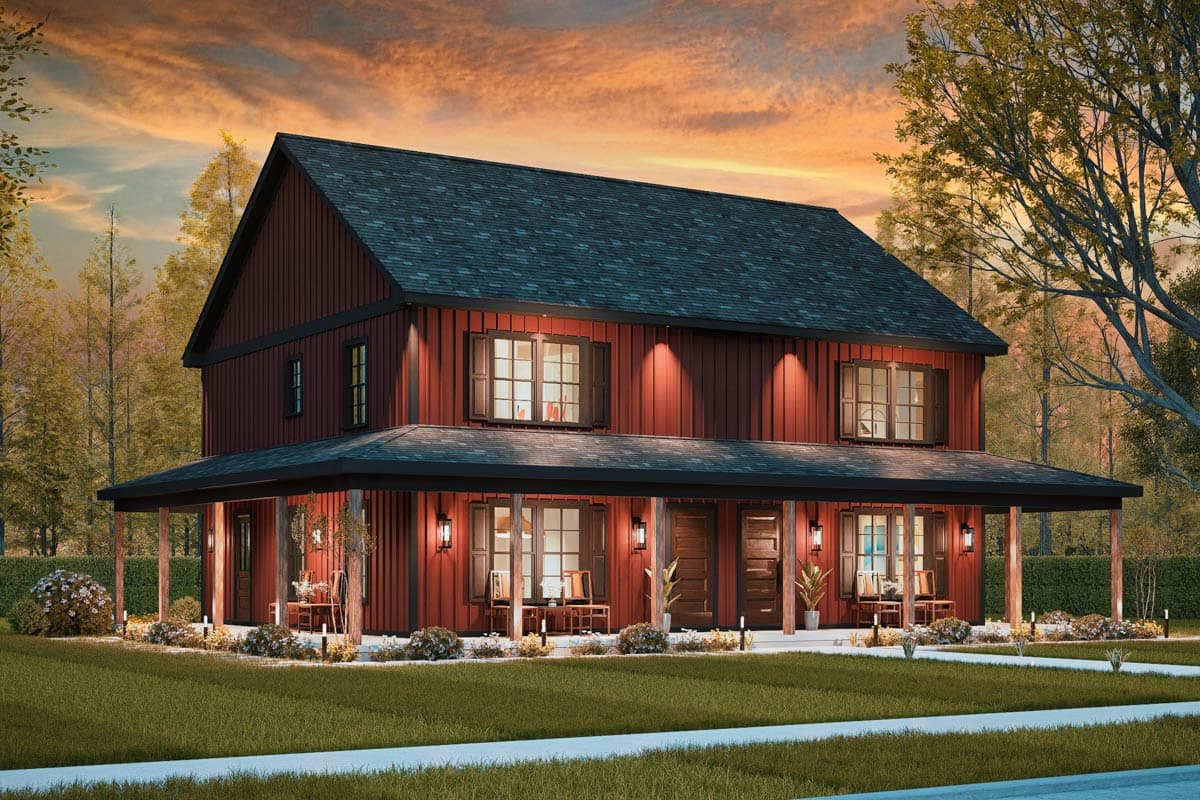 Modern farmhouse two-story house plan exterior with wrap-around porch, gables, and vertical siding.