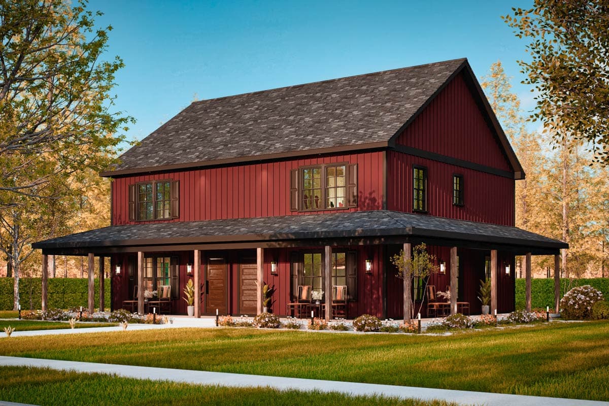 House plan exterior rendering: Two-story home with a wrap-around porch, vertical siding, and a gable roof.
