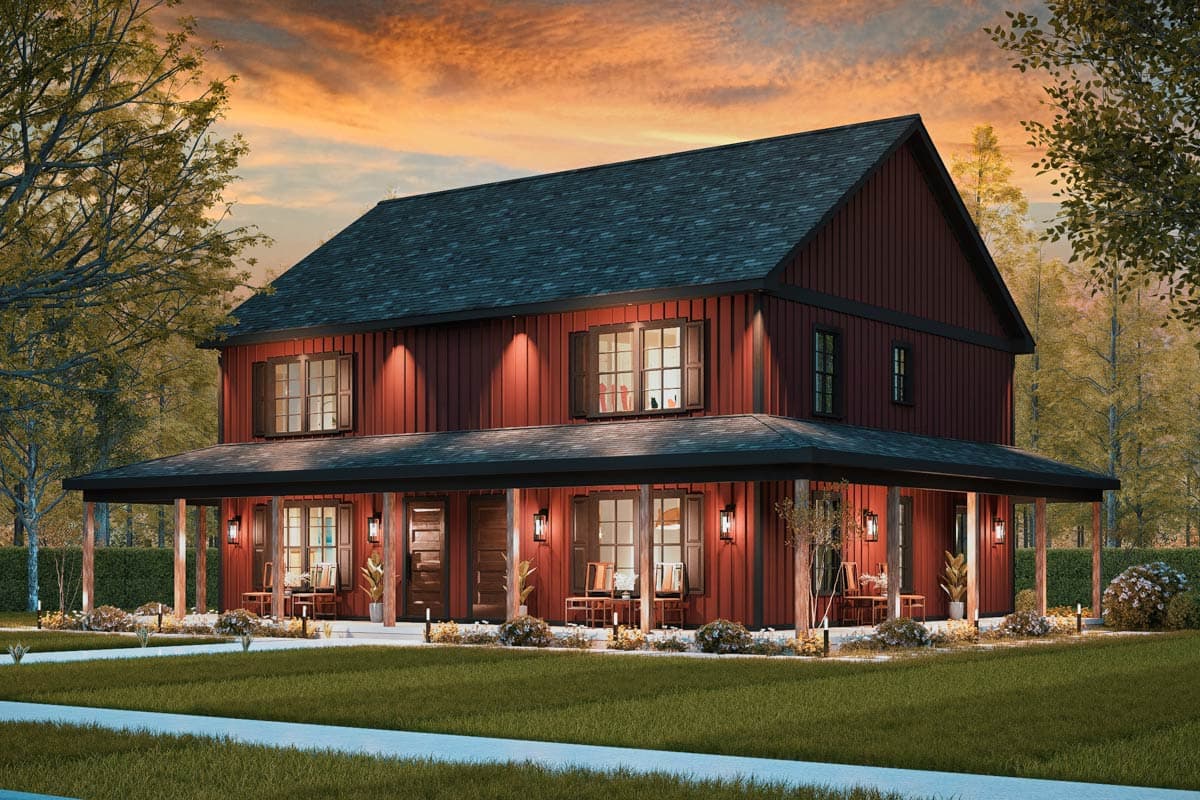 Two-story house plan exterior with a wraparound porch, dark shutters, and gabled roof.