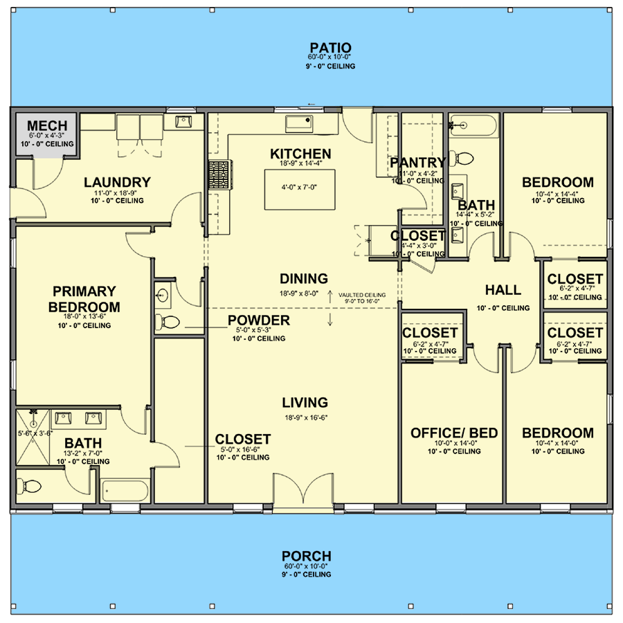Plan 380027ASH: 3 or 4 Bed Barndominium House Plan with Matching Front and Rear Porches - 2400 Sq Ft - Floor Plan - Main Level - Barndominium, Country