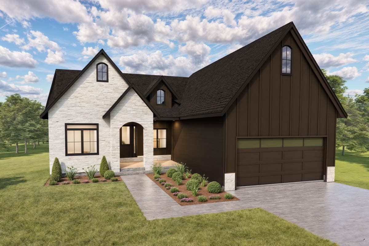House plan exterior with stone facade, arched entryway, dark vertical siding, and a two-car garage with horizontal windows.