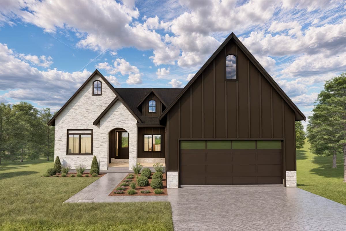 Modern Farmhouse house plan exterior with white stone, dark siding, arched entry, and attached two-car garage.
