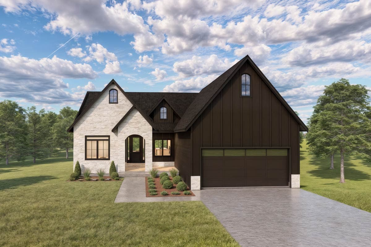 Modern Farmhouse house plan exterior with white stone and dark vertical siding, gable dormers, and a two-car garage.