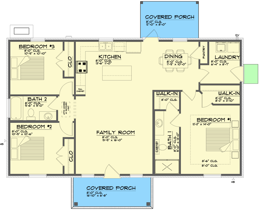 Plan 461051DNN: Traditional Country Ranch House Plan with Split-Bedroom Layout - 1344 Sq Ft - Floor Plan - Main Level - Country, Ranch, Traditional