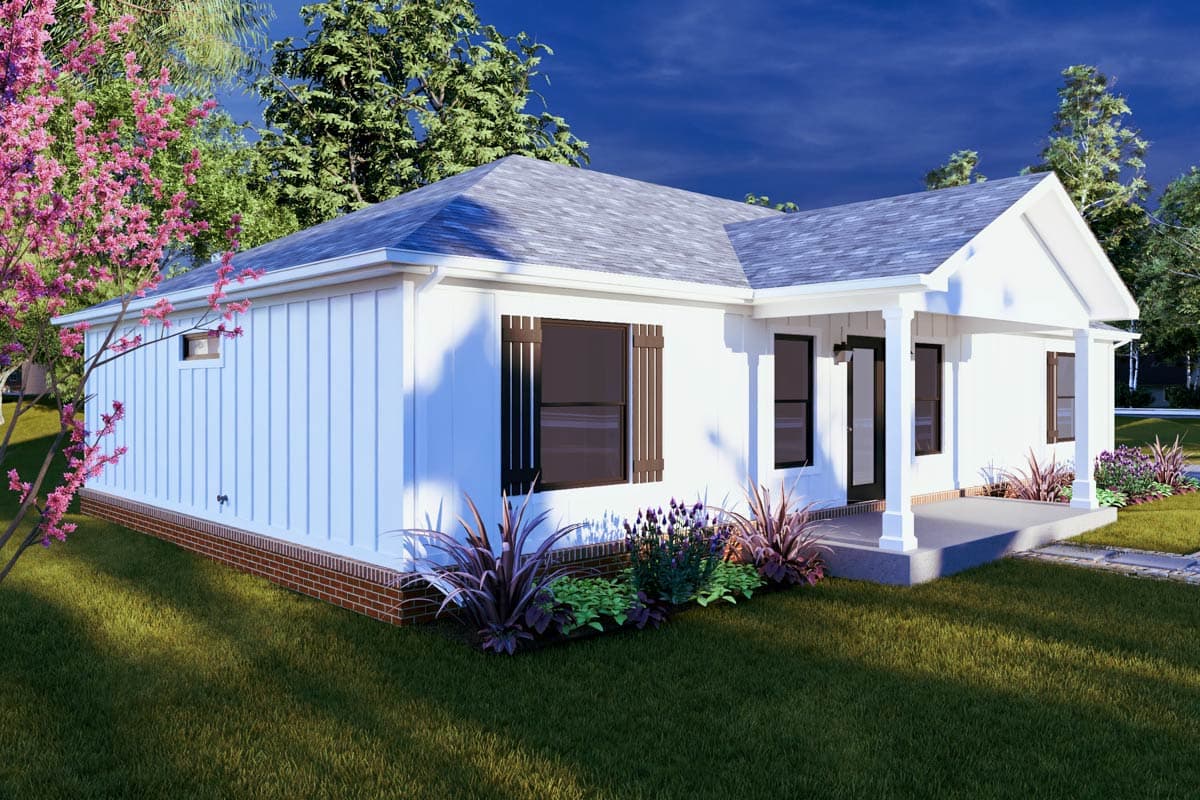 House plan exterior: single-story Modern Farmhouse with board and batten siding, a gabled entrance porch, and dark-shuttered windows.