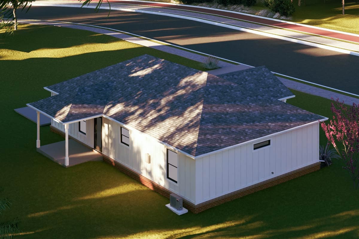 House plan exterior rendering of a single-story Modern Farmhouse style home with a prominent covered porch, varied rooflines, and vertical siding.