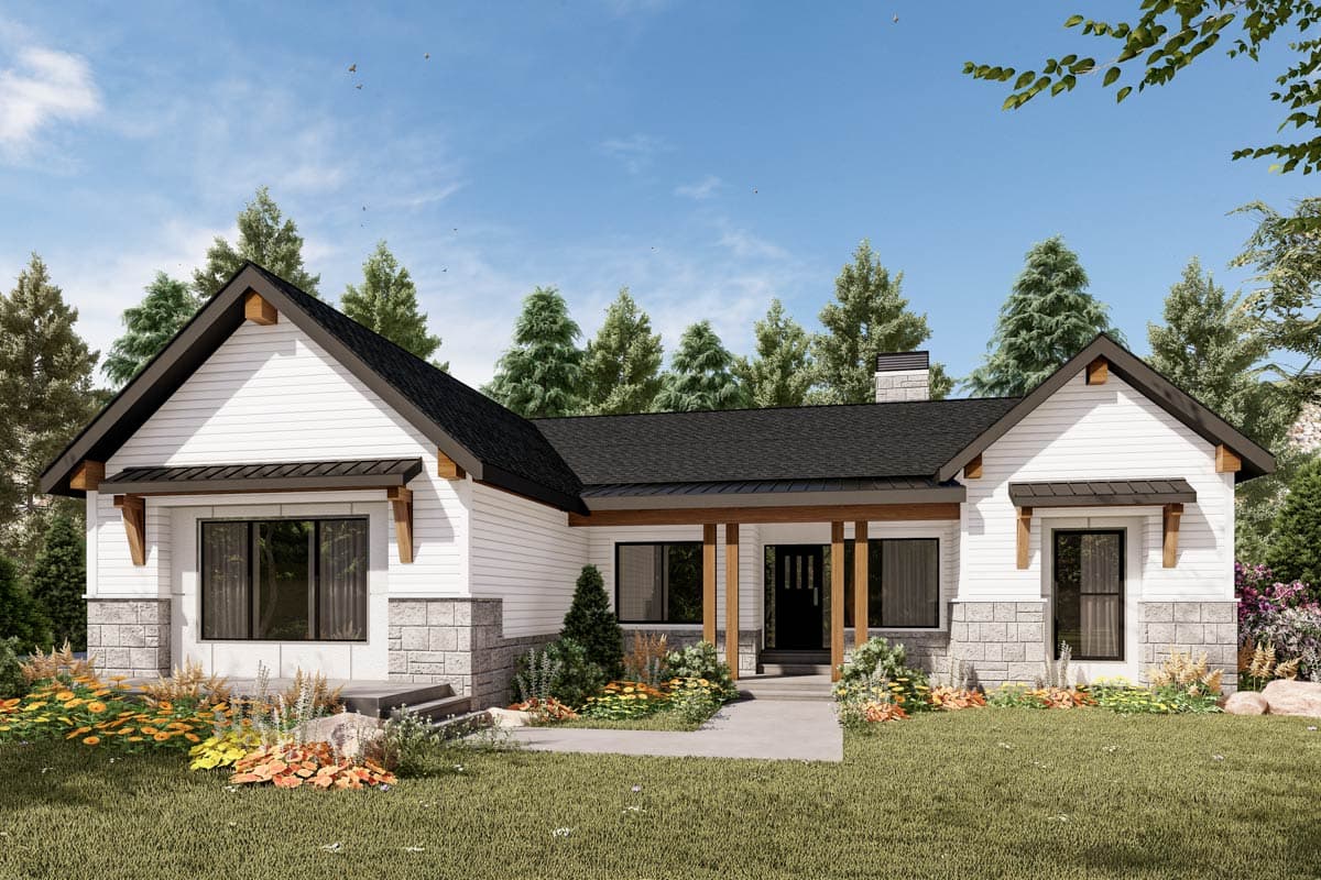 House plan exterior. Modern farmhouse style with gabled roof, covered porch, and stone accents. One-story structure with chimney.