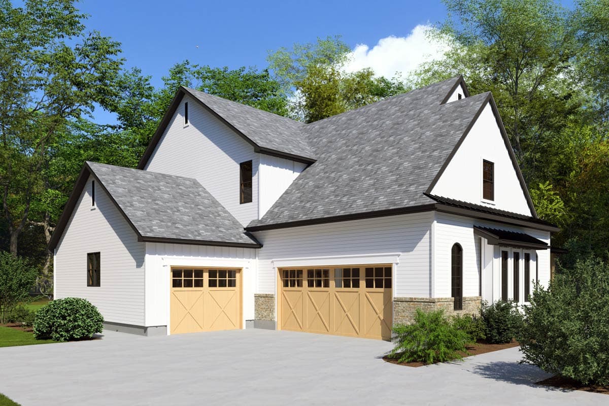 Modern Farmhouse style house plan exterior with a three-car garage, gables, and dormer windows.