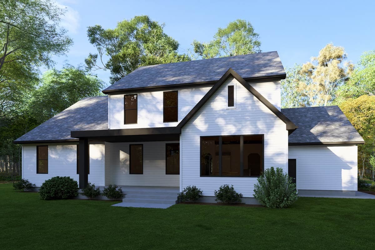 Modern Farmhouse house plan exterior, two stories, with covered entry, prominent gable, and large grid windows.
