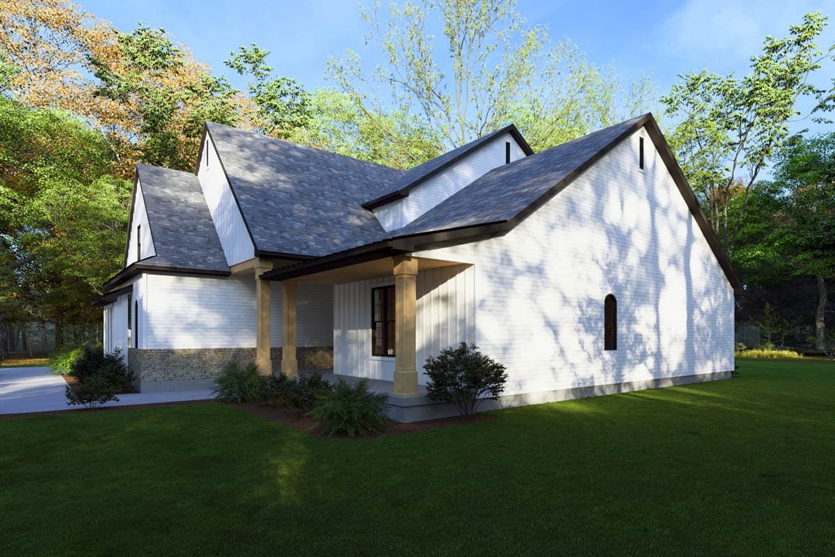 House plan exterior, Modern Farmhouse style, one story, with gables, covered porch, and stone foundation.