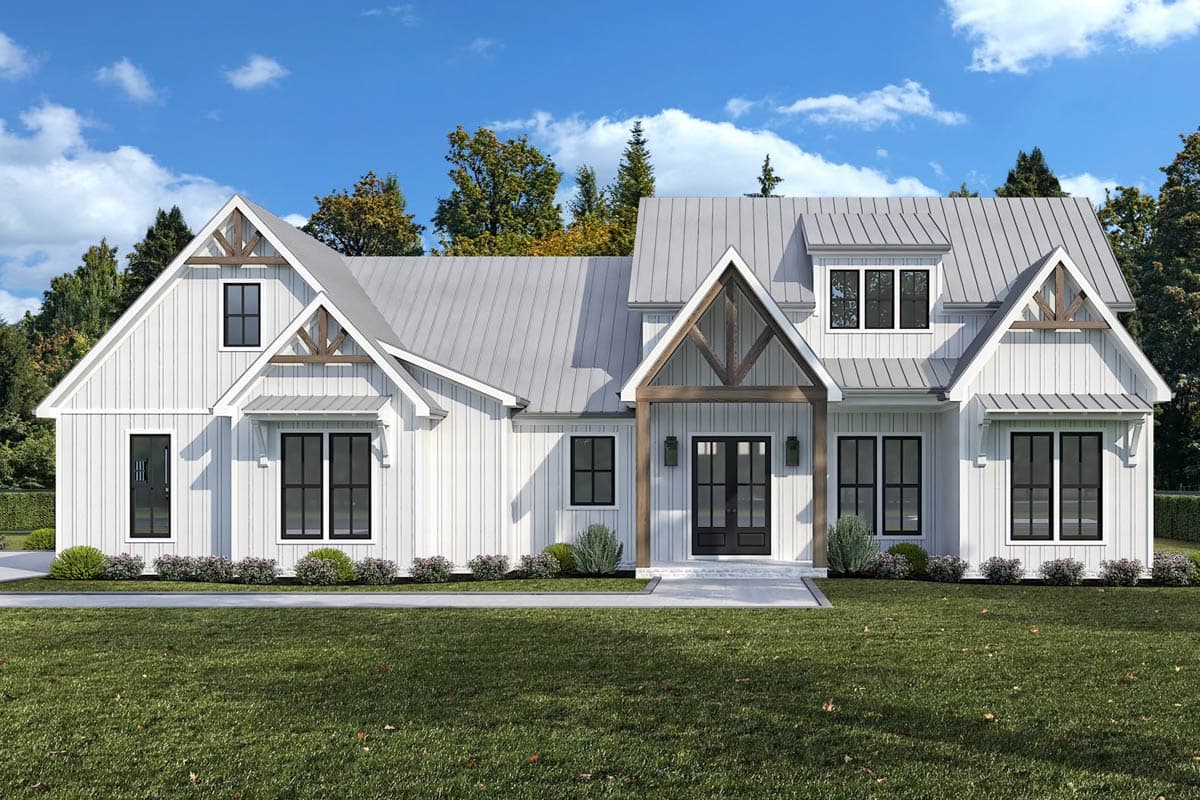 Modern Farmhouse house plan exterior with metal roof, gables, dormers, and board and batten siding.