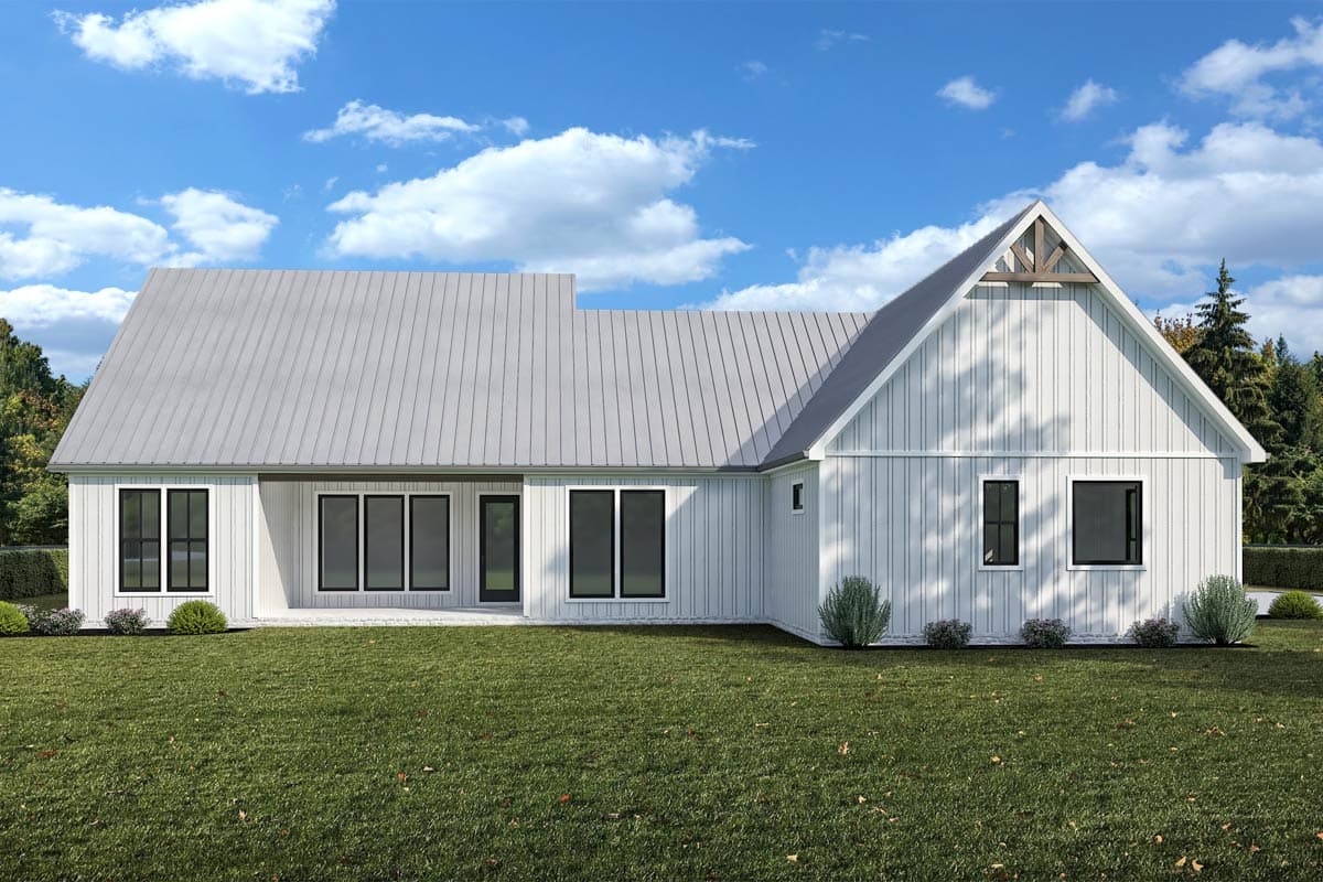 Modern Farmhouse house plan exterior with metal roof, board and batten siding, gabled roofline, and large windows.