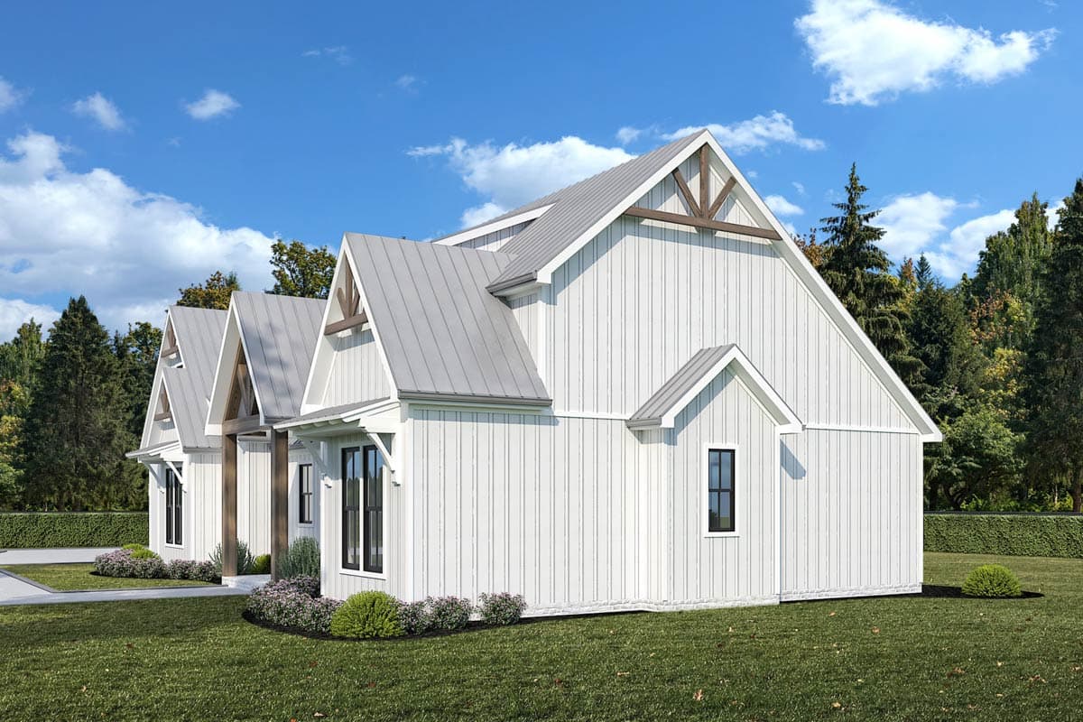 Modern Farmhouse house plan exterior with gabled dormers, vertical siding, and a metal roof.