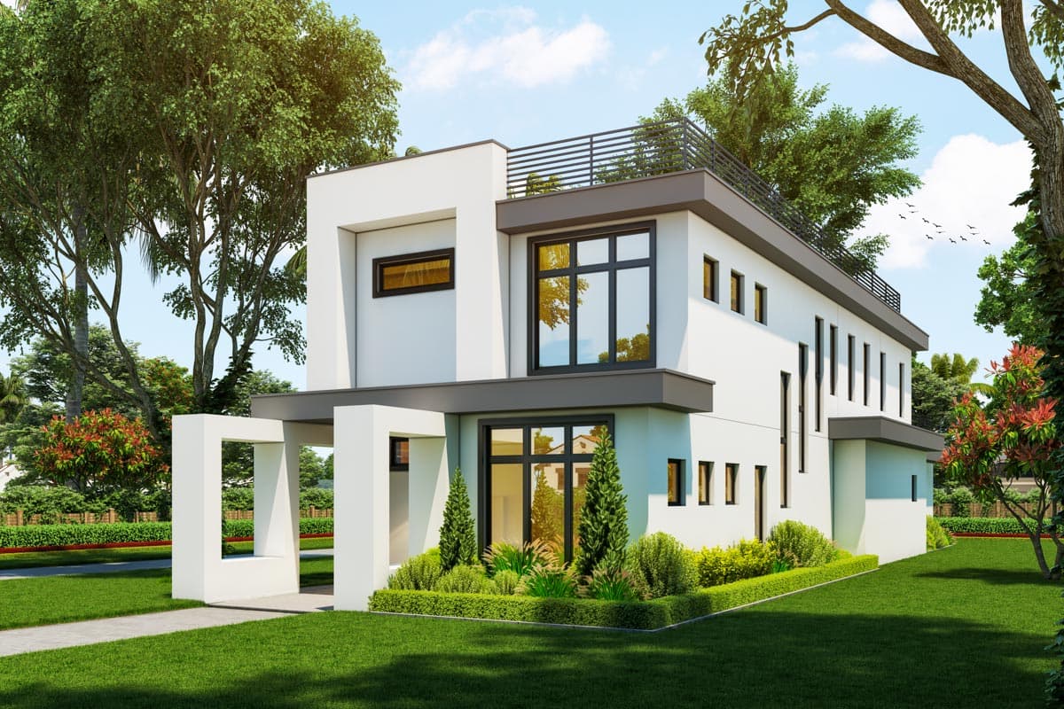 House plan exterior view of a Modern style home. Features include a flat roof, two stories, and a covered entryway with supporting columns.